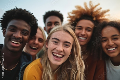 Group of diverse young people looking at camera with smile. Group of friends having fun together.