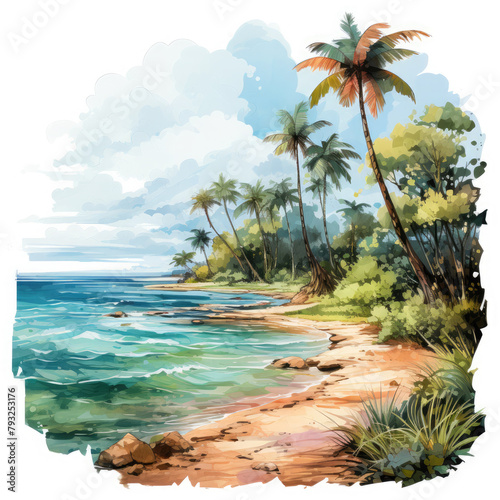 Watercolor Beach Landscape, clipart Illustration, Generative Ai