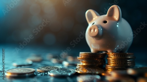 A piggy bank sits atop a mound of coins in this finance-themed still life. photo