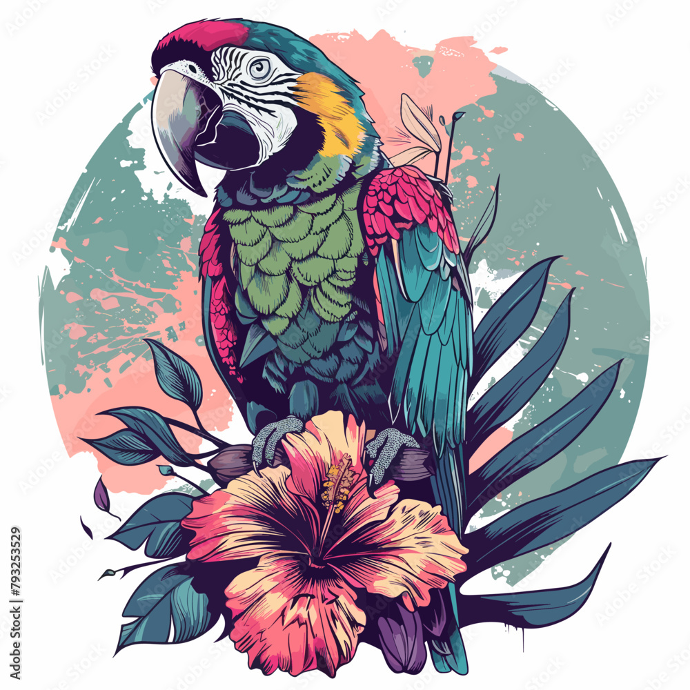 Fototapeta premium Beautiful macaw parrot and hibiscus flowers. Vector illustration