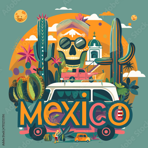 Mexican vector illustration with skull, car and cactuses.