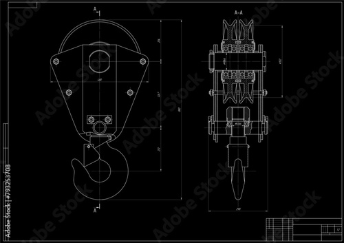 Vector drawing of engineering technical outboard excavator
hook. The design of mechanical part of construction
machine with dimension lines. Cad schematic diagram. 
Hook suspension. Assembly drawing.