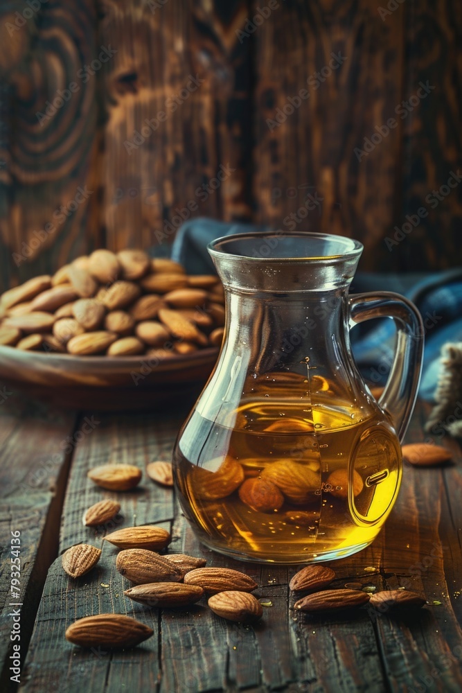 A pitcher of almond oil next to a plate of almonds. Suitable for food and health concepts A pitcher of almond oil next to a plate of almonds. Suitable for food and health concepts