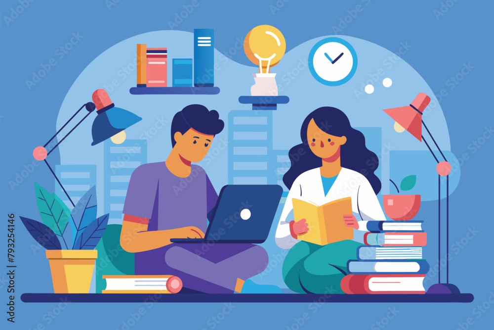 A man and woman seated on a couch, using a laptop together, People are studying together with books and lamps, Simple and minimalist flat Vector Illustration A man and woman seated on a couch, using a laptop together, People are studying together with books and lamps, Simple and minimalist flat Vector Illustration