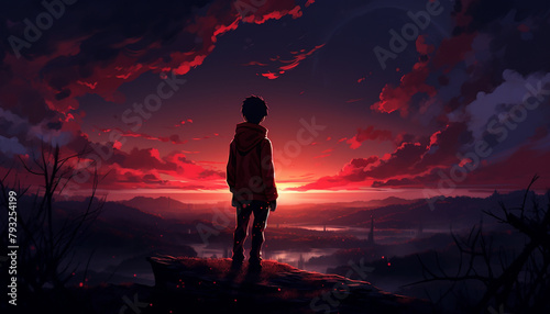 Anime boy alone night scenery 4k - Rare Gallery. AI-Generated Image