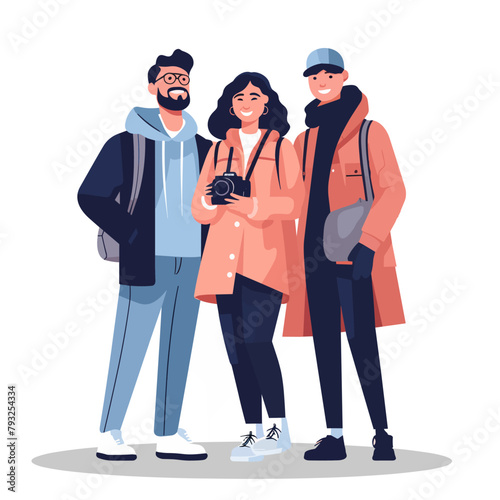 Group of tourists with camera and backpack. Vector illustration in flat style