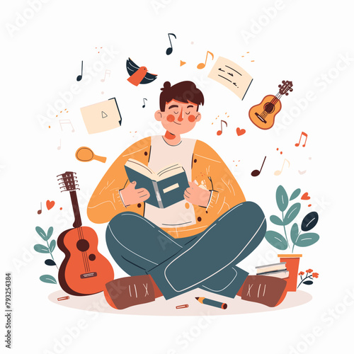 Young man sitting on floor, reading a book and playing guitar. Flat vector illustration.