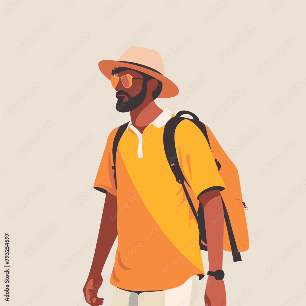 A man wearing a yellow shirt and a hat is walking with a backpack