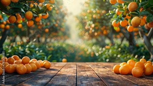 Fresh tangerines on wooden table in orange orchard, close up photo
