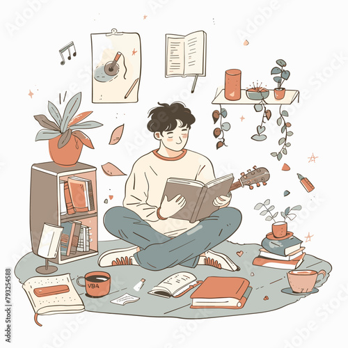 Young man reading a book sitting on the floor. Vector illustration.