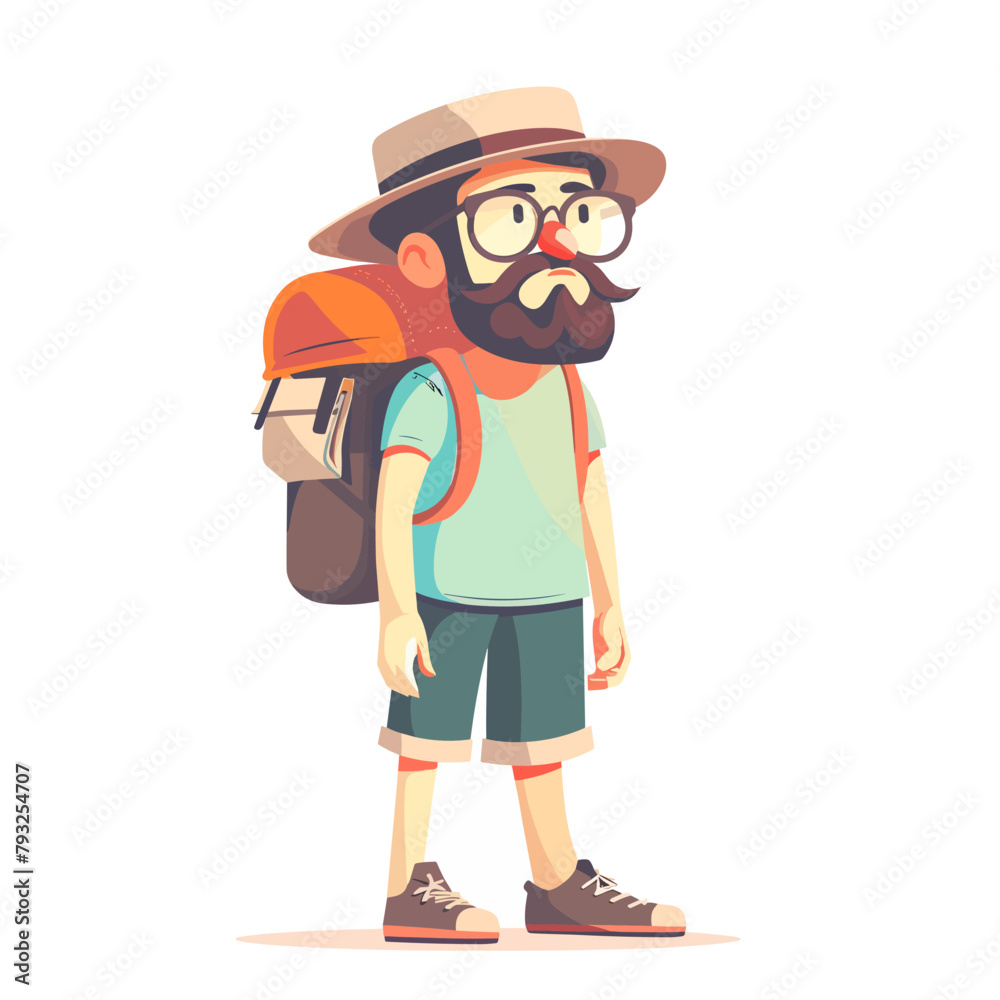 A man with a beard and glasses is wearing a hat and carrying a backpack