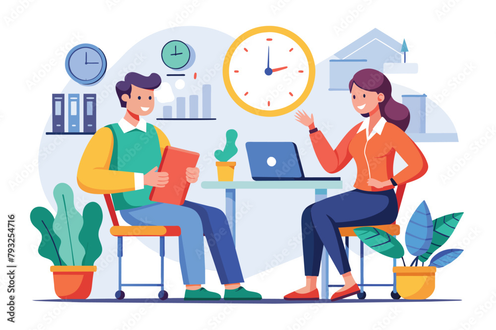 A man and a woman sitting at a table, focused on a laptop screen, people are talking about working hours rules, Simple and minimalist flat Vector Illustration