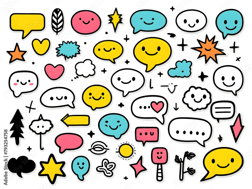 Hand drawn doodle vector elements with speech bubbles, smiley faces, arrows on a white background