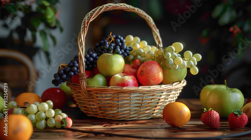 Basket and fresh fruits on wooden table