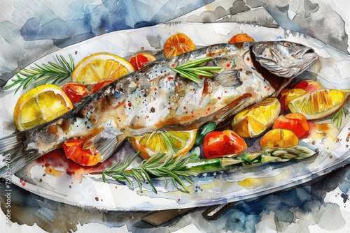 A painting of a fish on a plate with fresh lemons and ripe tomatoes. Suitable for food and seafood related designs