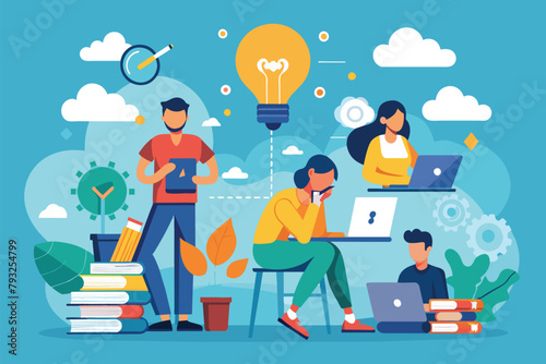 Group of individuals engaged in work, focus, and collaboration around a table with laptops, people are thinking hard work, Simple and minimalist flat Vector Illustration