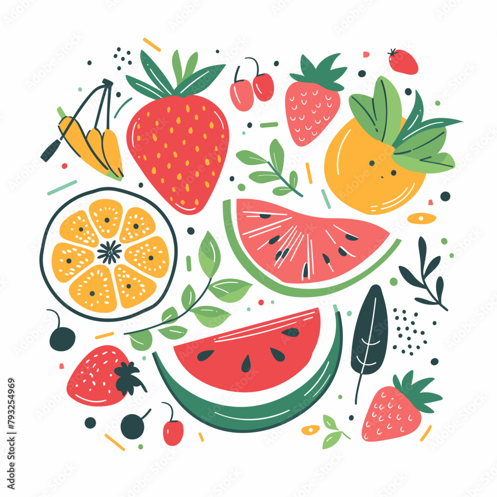 A colorful drawing of fruits and vegetables, including watermelon, strawberries A colorful drawing of fruits and vegetables, including watermelon, strawberries