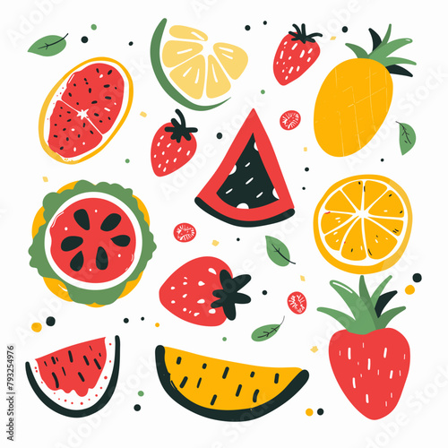 Fruit and berry set. Hand drawn vector illustration in flat style.