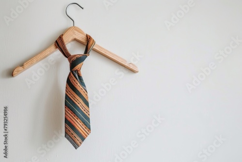 A striped tie hanging neatly on a wooden hanger. Perfect for fashion or menswear concepts © Fotograf