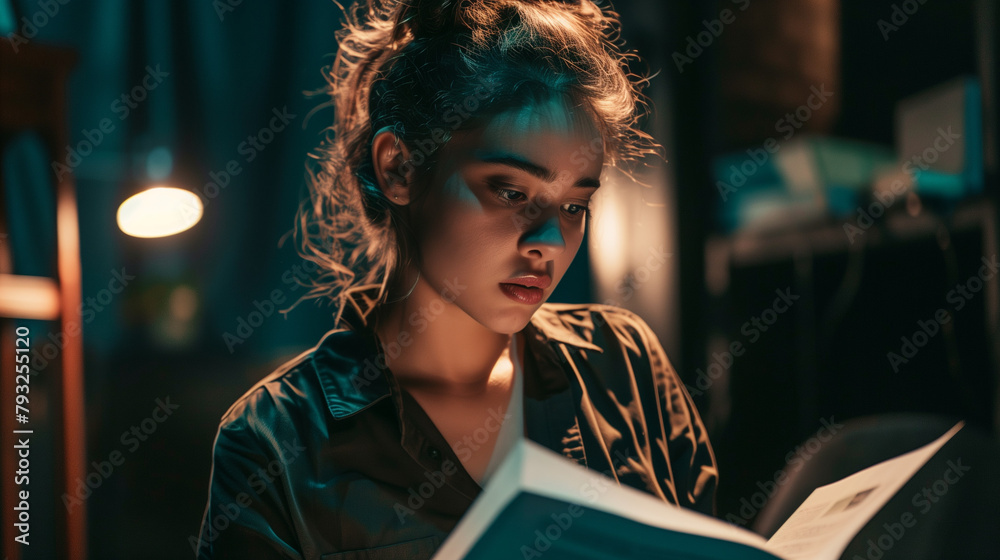 Fototapeta premium young actress reading scenario on stage in theatre