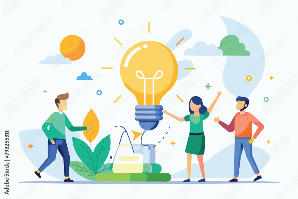 Group of People Standing Around a Light Bulb, people bring idea lights with learning concept, Simple and minimalist flat Vector Illustration