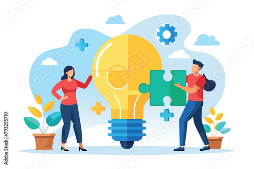 Several individuals holding separate pieces of a light bulb, assembling them together, People connecting the light bulb jigsaw pieces, Simple and minimalist flat Vector Illustration