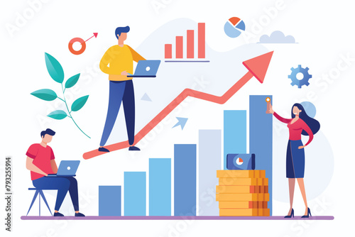 A man and a woman stand on a bar chart, analyzing data together, people do growth chart analysis, Simple and minimalist flat Vector Illustration