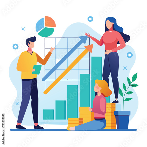 A group of individuals standing around a chart, engaged in analyzing data and discussing growth trends, people do growth chart analysis, Simple and minimalist flat Vector Illustration
