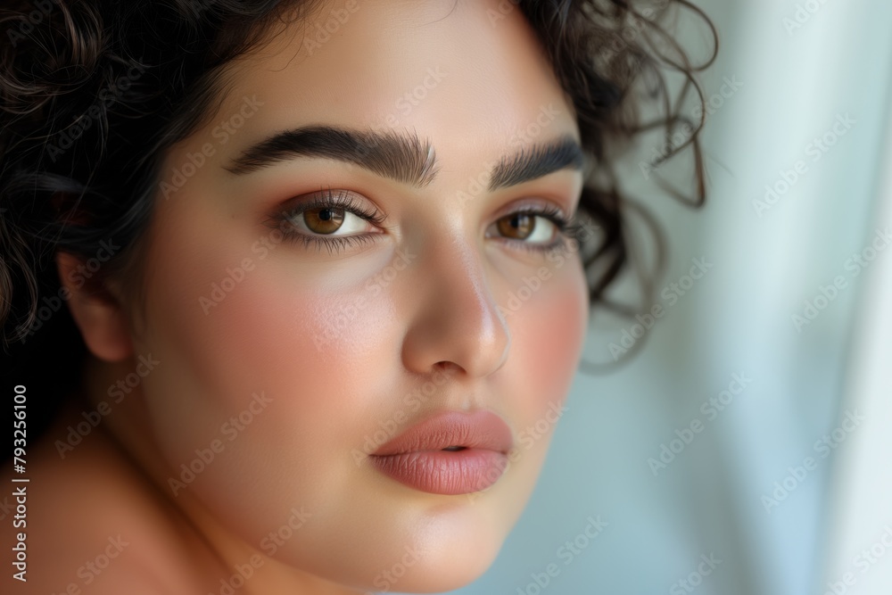 Naklejka premium Close-up of a gorgeous young woman looking at the camera, showcasing natural beauty and simplicity