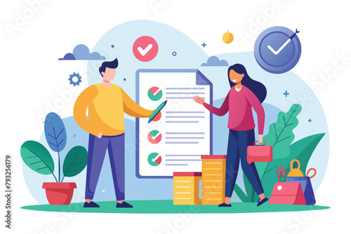 Man and Woman Reviewing Checklist on Clipboard, people enter into agreements for business cooperation, Simple and minimalist flat Vector Illustration