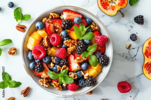 A bowl of fruit and nuts on a table, perfect for healthy lifestyle concepts