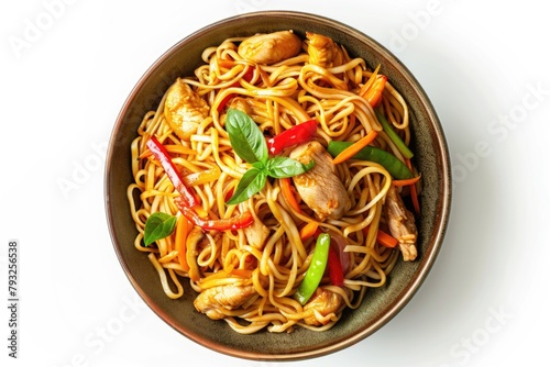 A bowl of noodles with a variety of meat and vegetables. Suitable for food blogs or restaurant menus