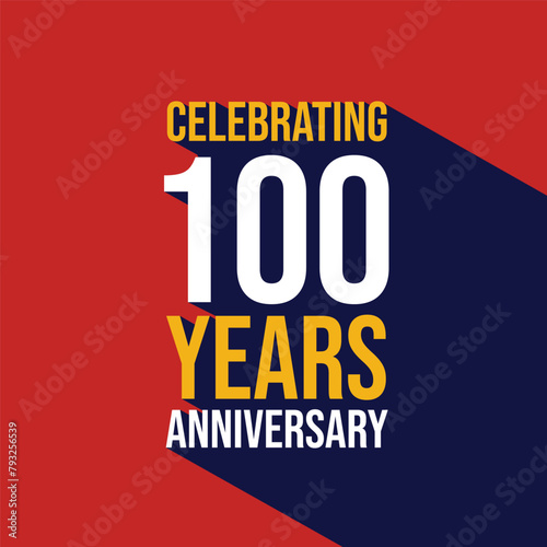 Celebrating 100 years anniversary template design with a long shadow on red background. 100th anniversary celebration event poster, invitation card, greeting card, banner, flyer, birthday wishing text