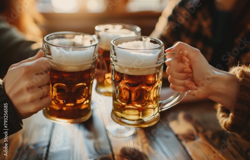 Three friends toasting with beer mugs at table, closeup Background is blurred with warm sunlight Generative AI photo