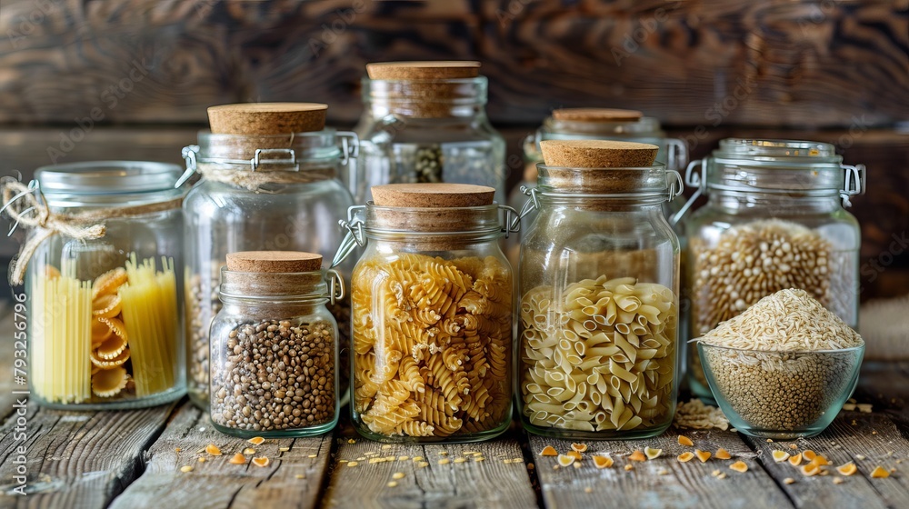 Immerse yourself in the world of healthy cooking and clean eating with our captivating imagery featuring an assortment of uncooked grains, cereals, and pasta displayed in glass jars on a rustic wooden Immerse yourself in the world of healthy cooking and clean eating with our captivating imagery featuring an assortment of uncooked grains, cereals, and pasta displayed in glass jars on a rustic wooden