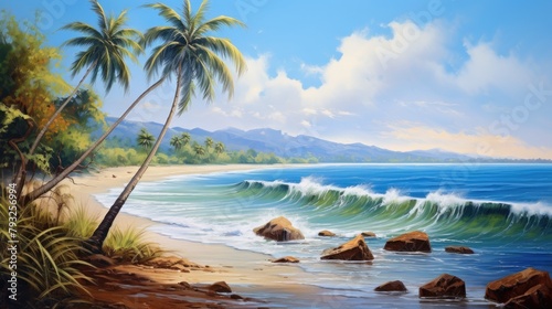 Picture of a beautiful sea view with elements of the sea, coconut trees, oil painting style. photo