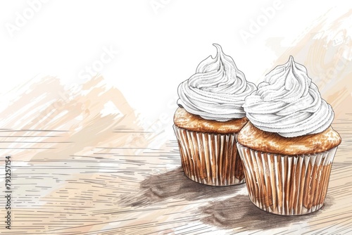 Two cupcakes with white frosting on a wooden table. Perfect for bakery or dessert concepts
