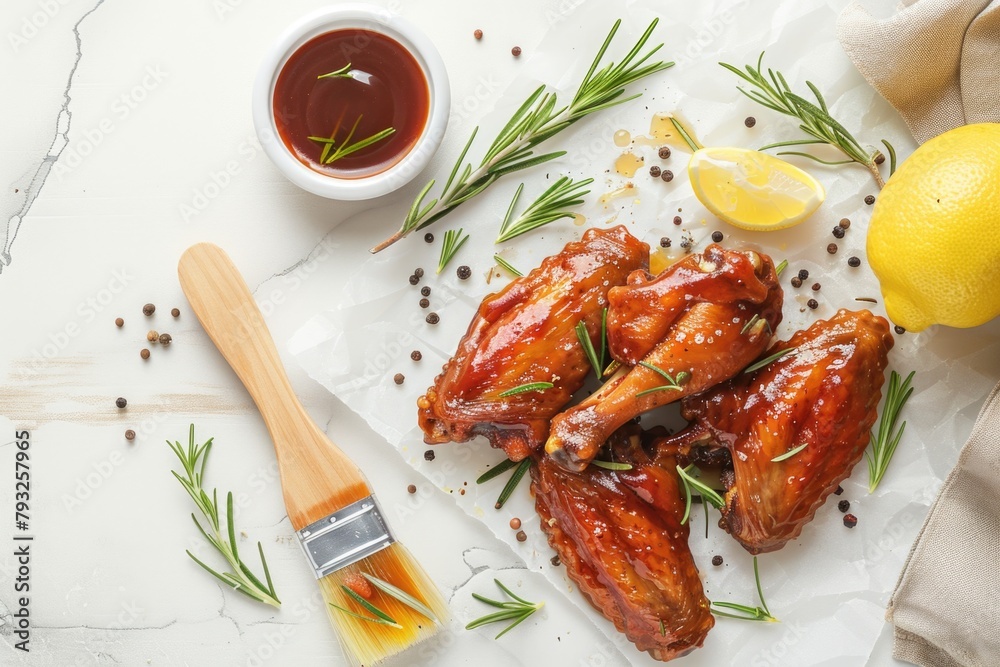 Delicious chicken wings with sauce and rosemary garnish, perfect for food-related projects Delicious chicken wings with sauce and rosemary garnish, perfect for food-related projects