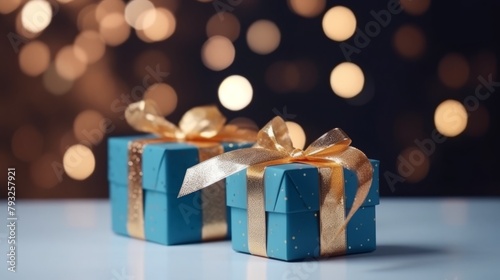 Blue gift box wrapped in paper on festive background with golden particles. Beautiful golden bow on the gift. Celebration concept. Holiday wallpaper. High quality photo