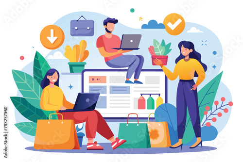 Group of individuals sitting on a table with laptops and shopping bags, engaging in online shopping activities, People online shopping concept, Simple and minimalist flat Vector Illustration