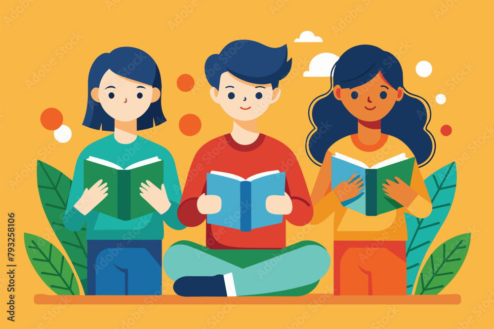 Three individuals sitting on the ground engaged in reading books, People read a books all the time, Simple and minimalist flat Vector Illustration