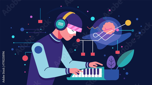 A musician plays a futuristic instrument which uses neurotech signals from their brain to create spontaneous and innovative melodies..