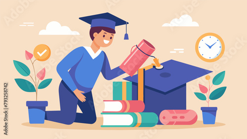 A young graduate placing their diploma along with other meaningful items into their achievement time capsule as they prepare to embark on a new