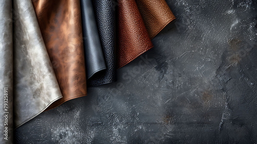 a black wall serves as the backdrop for a collection of leather objects, including a brown leather