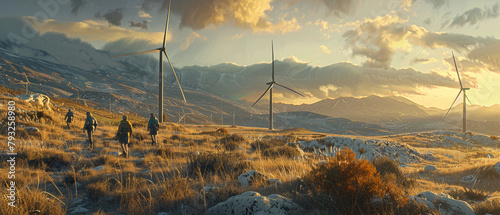 Moutain landscape with wind turbines, green energy, environement care