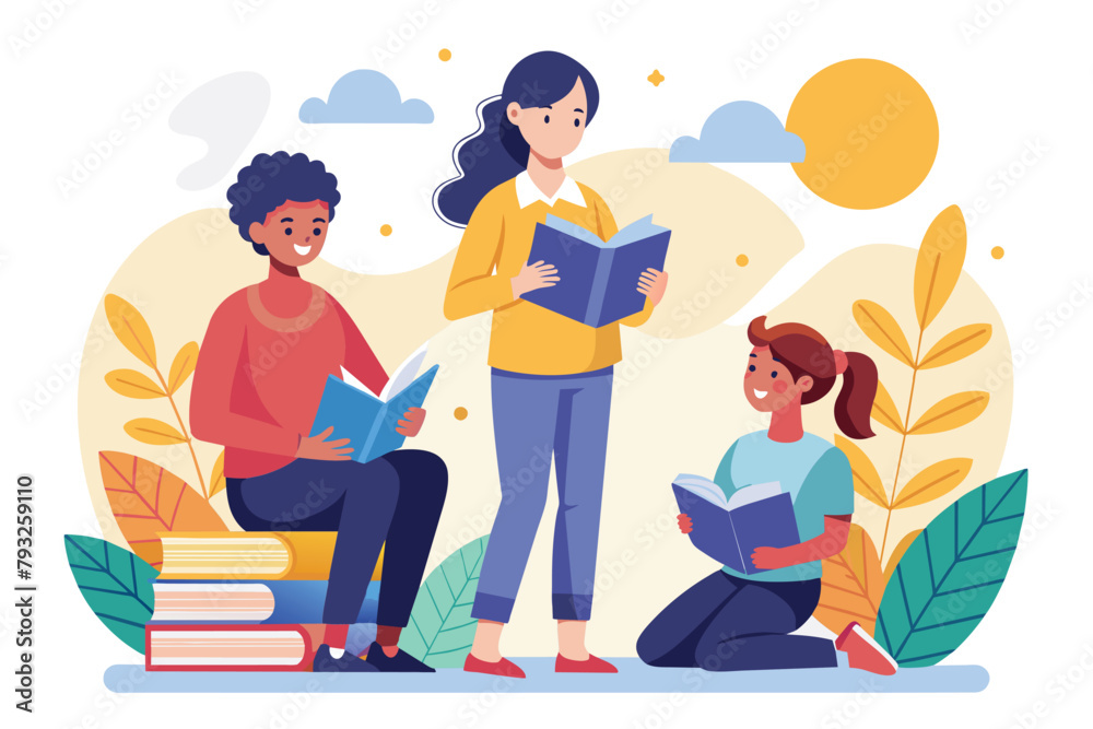 Group of People Engaged in Reading Books, People reading and teacher guidance, Simple and minimalist flat Vector Illustration Group of People Engaged in Reading Books, People reading and teacher guidance, Simple and minimalist flat Vector Illustration