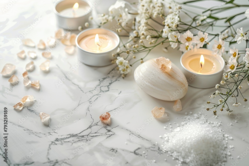 A table decorated with candles and flowers, suitable for various events A table decorated with candles and flowers, suitable for various events