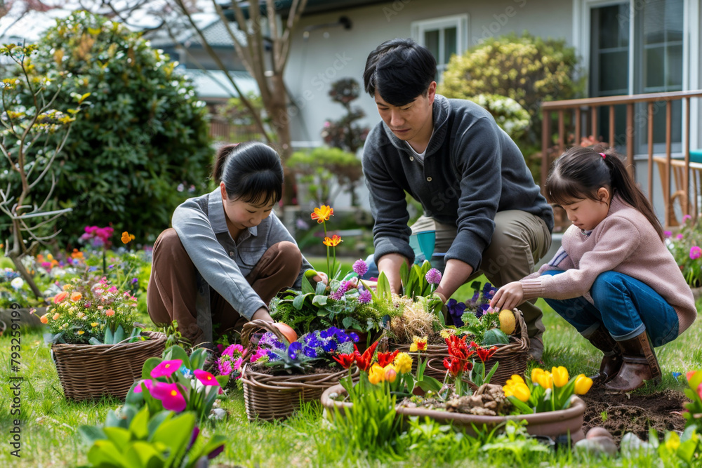 Family enjoying leisure time, planting colorful spring flowers in decorative pots and baskets on backyard. Family gardening together outdoors.