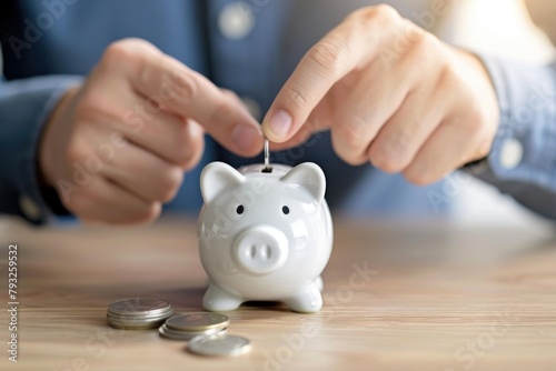 A person inserting a coin into a piggy bank. Suitable for finance and savings concepts