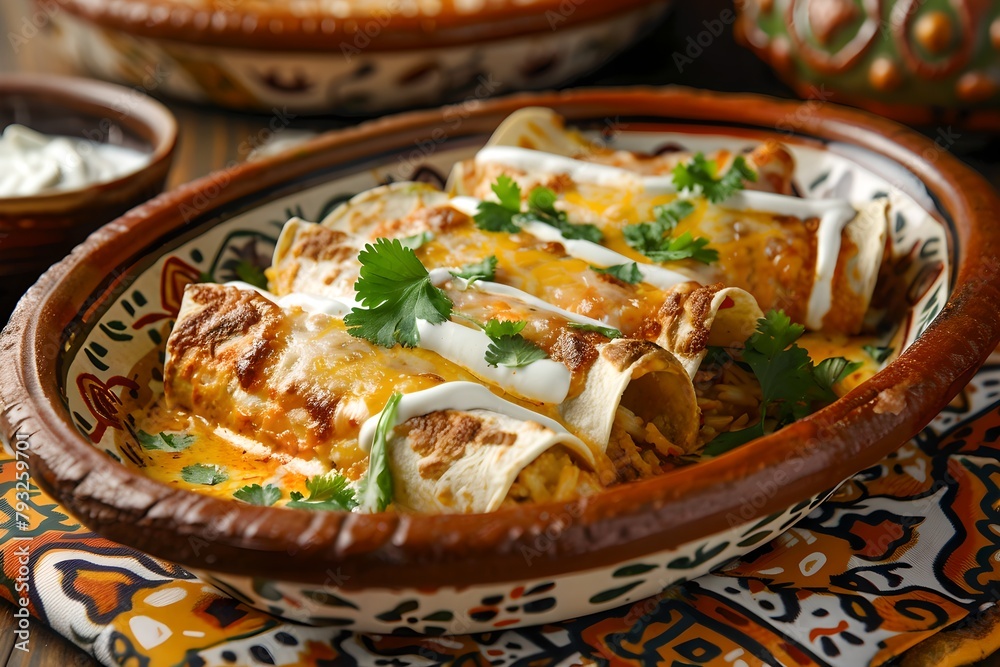Enchiladas in a traditional clay dish. Traditional Mexican food concept. Latin American cuisine. Design for menu, advertising, banner Enchiladas in a traditional clay dish. Traditional Mexican food concept. Latin American cuisine. Design for menu, advertising, banner